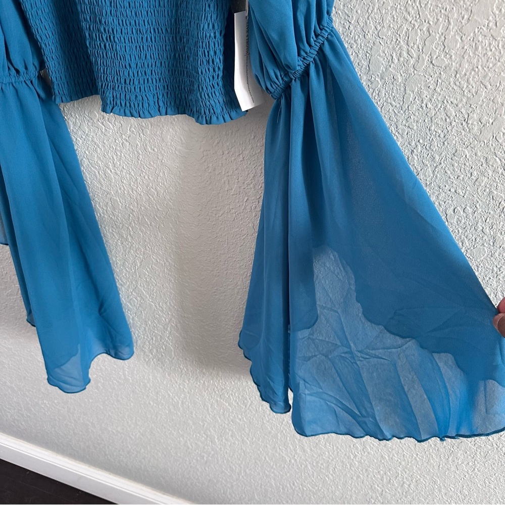 Teal Smocked Crop Top NWT Sheer Bell Sleeve Boho Cottagecore Festival Top M - Picture 6 of 16
